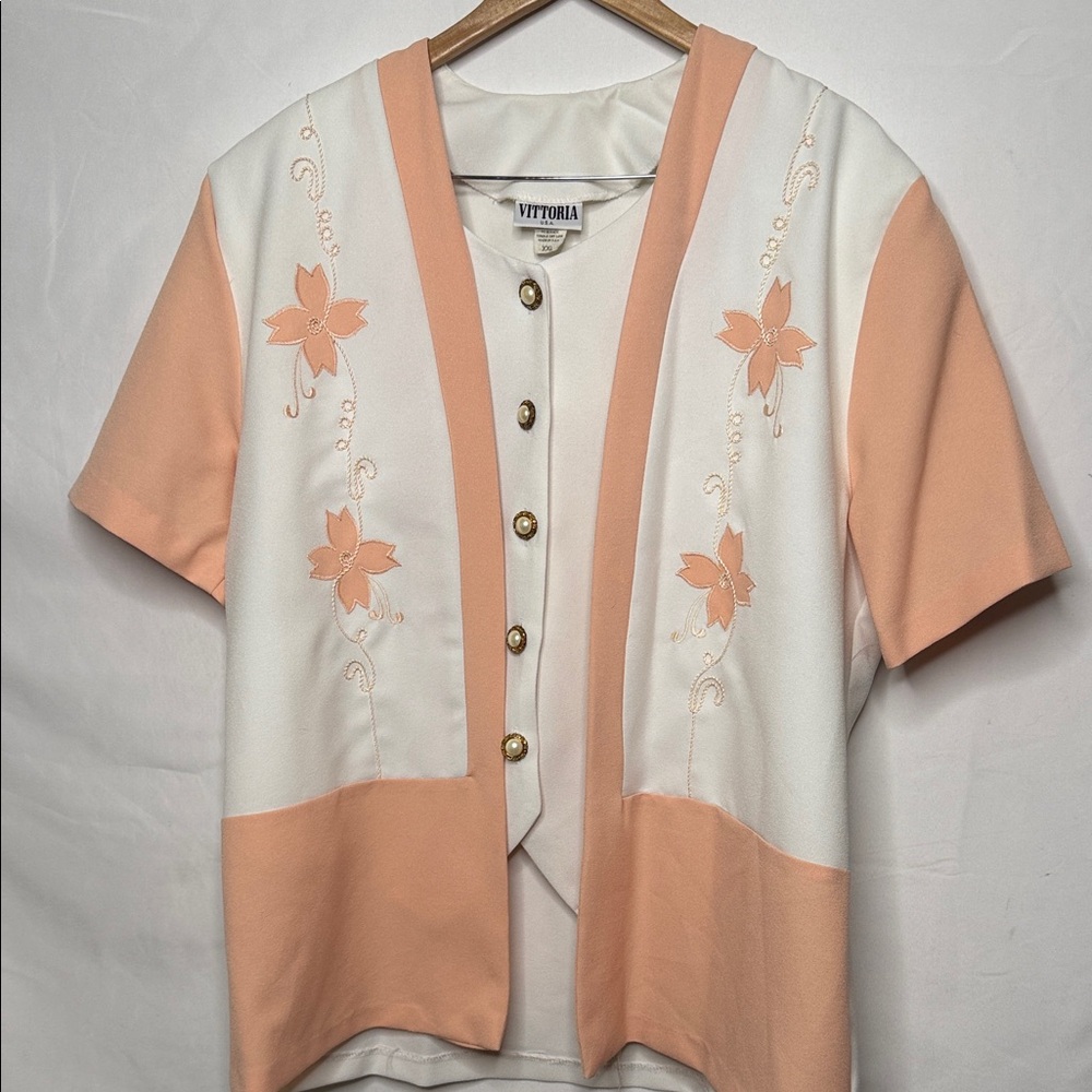 VITTORIA Vintage one piece antique buttons down w/embroidered floral blouse XXL